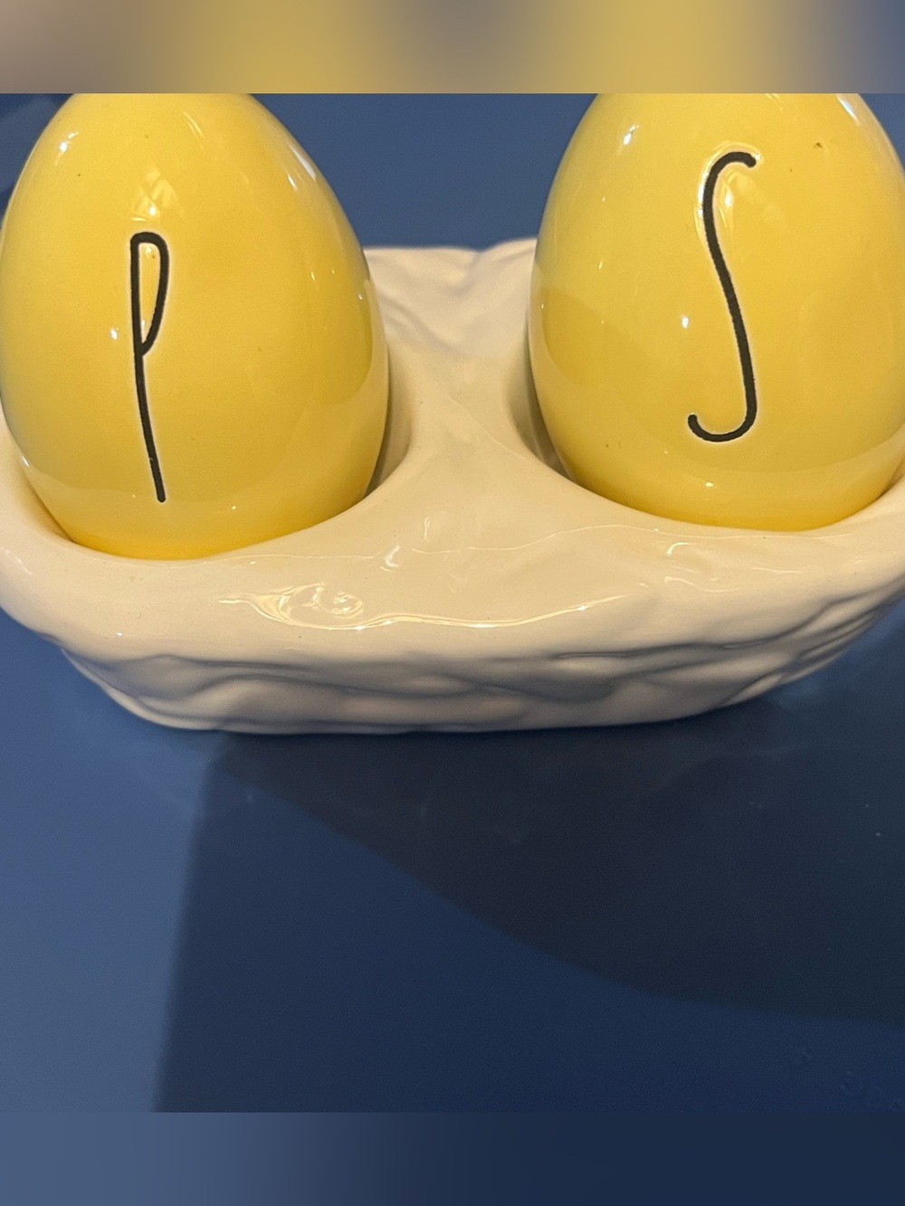 Rae Dunn Yellow Egg Salt & Pepper Shakers with White Holder